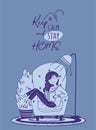 Let`s stay home. A girl reads a book on an armchair near a home flower, a light lamp and a carpet. Blue vector illustration.